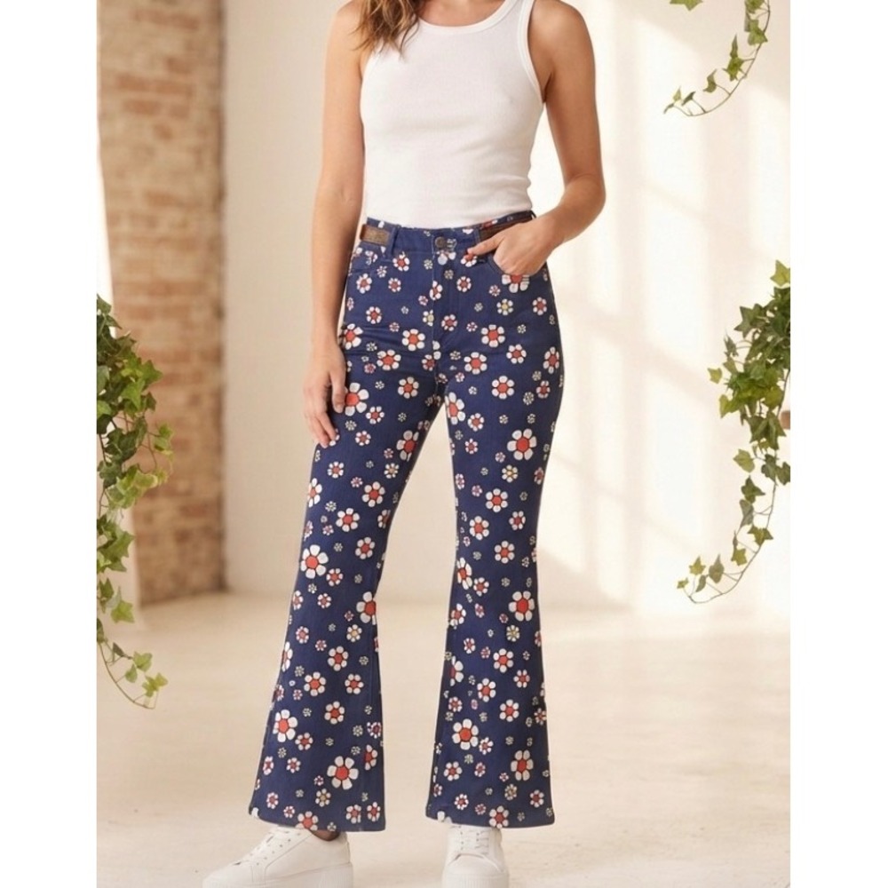 ModCloth Blue Daisy Floral Retro High Rise Flare Pants Size 10